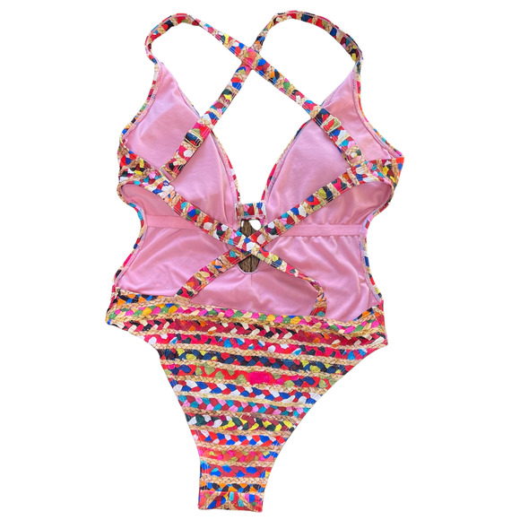 Sam Edelman Swim Medium One Piece Plunge Multicolored Raffia Print Bathing Suit - Picture 2 of 8